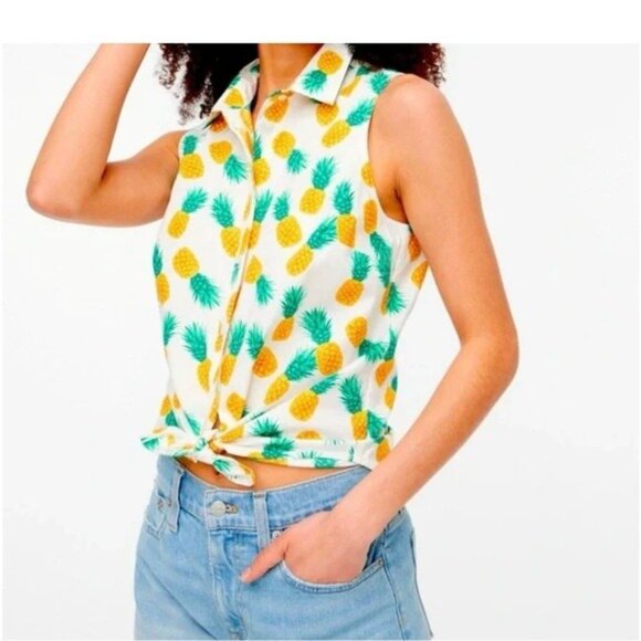 J.Crew Factory Pineapple Print Sleeveless Cotton Poplin Shirt • Tropical Motif - Picture 2 of 3